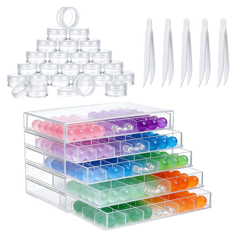 TWINKLEMON 5-Layer Plastic Compartment Storage Box Nail Charm Organizer Box with 5 Drawers 72 Small Round Jars 5 Tweezers Transparent Organizer for Crafts Art Supply Nail Tip Bead Earring Ring