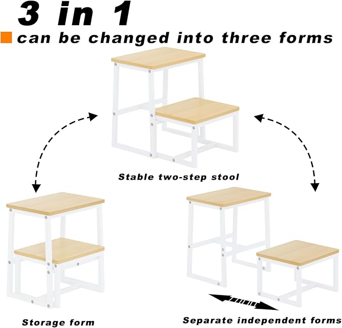 Step Stool for Adults,Holds up to 500Lb,3 in1 Heavy Duty Sturdy Two Step Stool for Kichen/Bathroom/High beds, Wooden&Metal Frame, Non-Slip Pads