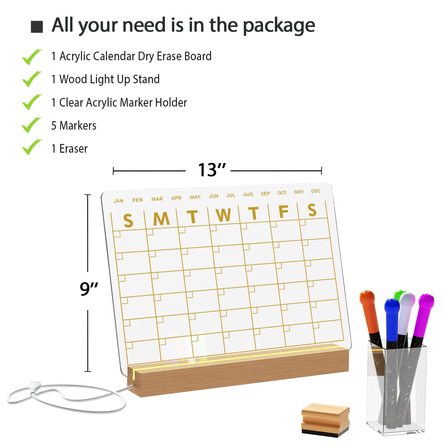 Light Up Clear Dry Erase Calendar 13 x 9 inch with 5 Markers, Acrylic Lighting Markable Calendar Board Agenda for Bedroom/Office/Home/Kitchen