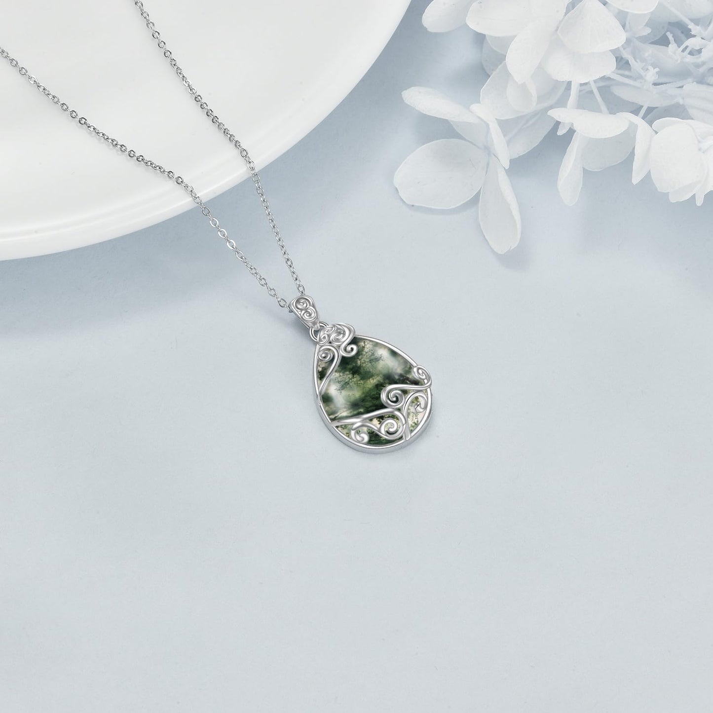 YAFEINI 925 Sterling Silver Moss Agate Necklace Filigree Teardrop Pendant Necklace Moss Agate Jewelry for Women (O-Moss Agate Filigree Necklace)