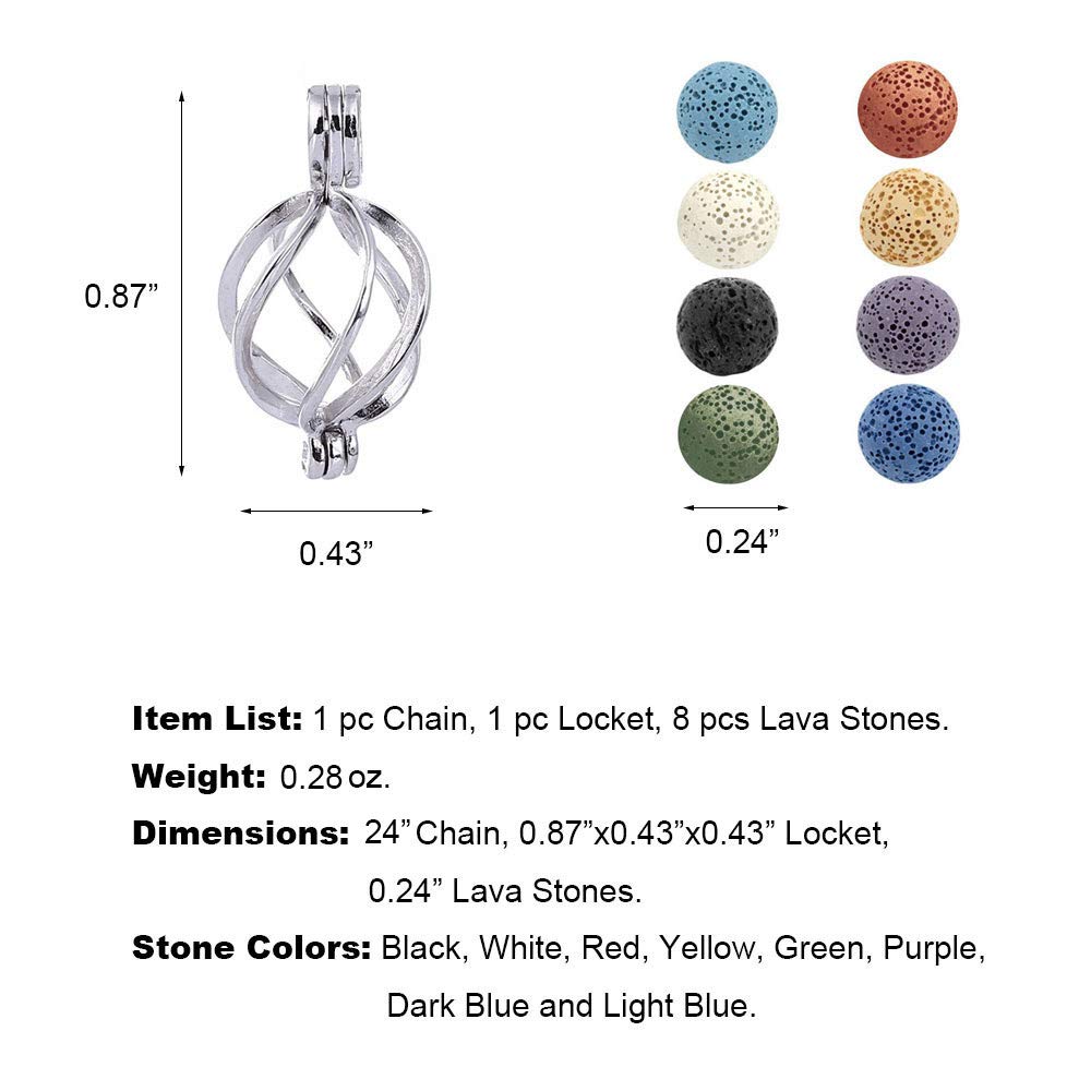 boqopod Essential Oil Diffuser Necklace Twisted Ball Aromatherapy Locket Pendant with 8 Lava Stone Balls 0.24'