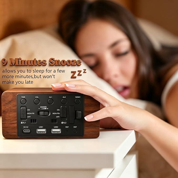 URAYCO Wood Digital Alarm Clock with 10W Fast Wireless Charger, USB Charging Ports, DST, Dimmable, Snooze, Large Number LED Display for Bedrooms, Desk, Living Room Table, Bedside, Nightstand (Brown)