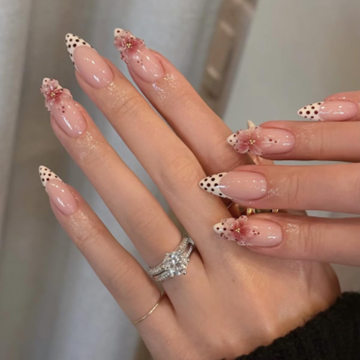 French Tip Press on Nails Almond, Medium Fake Nails with 3D Flower & Polka Dot Design, Soft Gel Nail Tips, Acrylic Nails Press ons, Reusable Full Cover Glue on Nails for Women 24Pcs