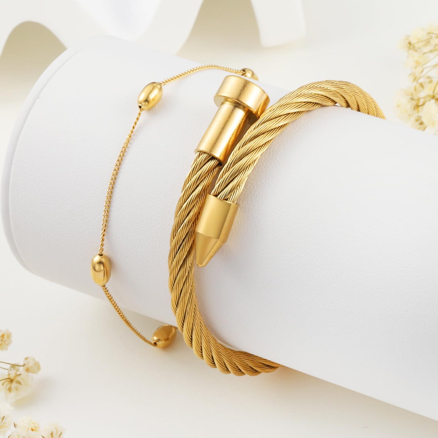 LCTrusttmor Gahna 18K Gold Plated Beads Bracelets for Women, Stackable 18K Gold Plated with Adjustable Link Chain Set Dainty Trendy Jewelry Gifts