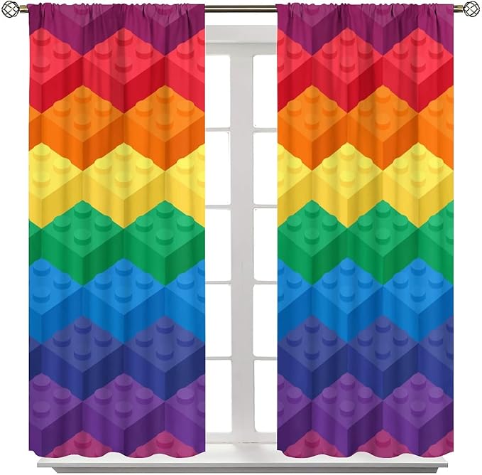 Colorful Building Blocks Cartoon Toy Printed Curtains, Bedroom, Living Room, Architecture, Curtains, Fun Brick 3D Design Curtains, Children's Living Room, Window Treatment Panels 2 Panels 42x63in