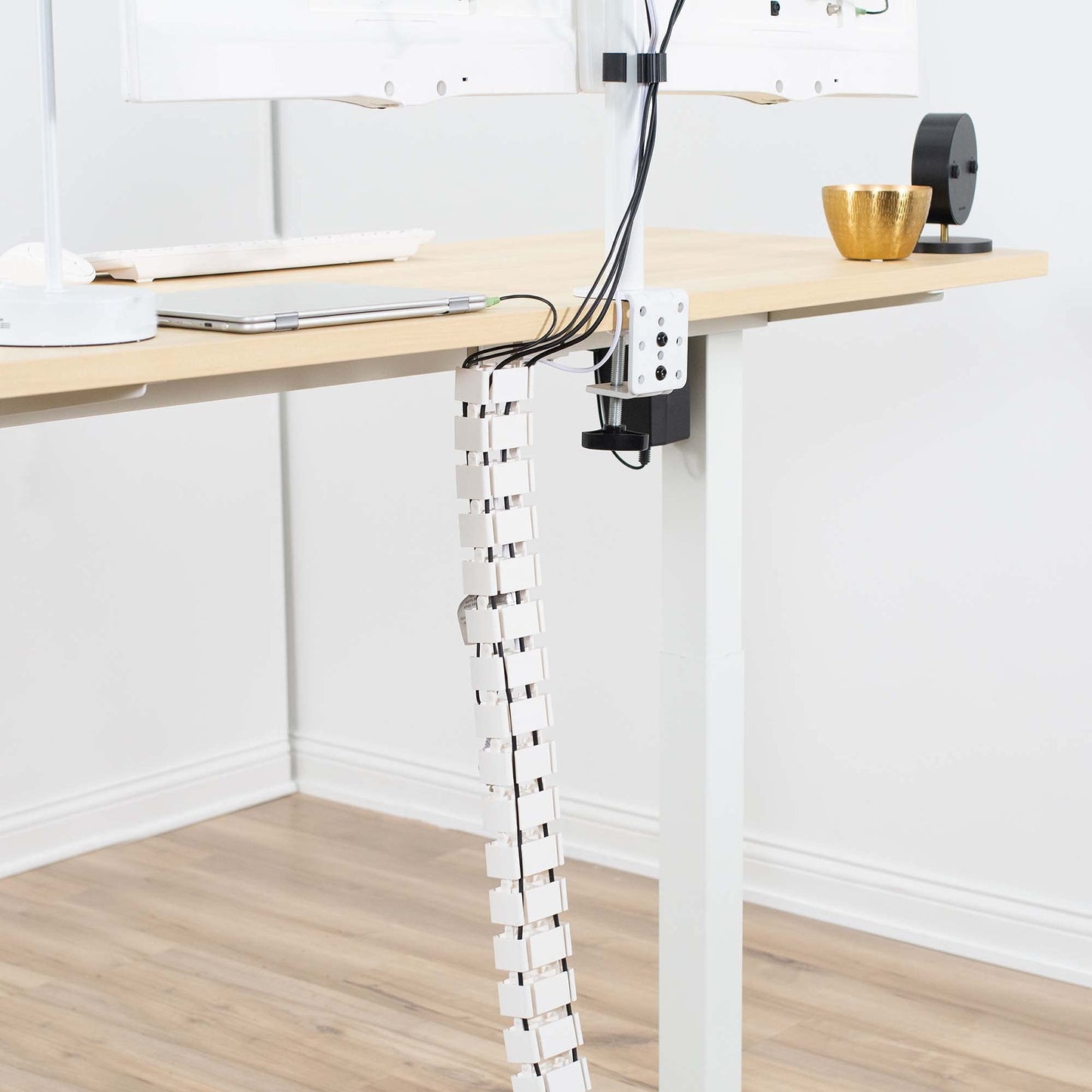 VIVO Under Desk Vertebrae Cable Management Kit, Adjustable Quad Entry Flexible Cord Organizer for Home Office, White, DESK-AC01C-W