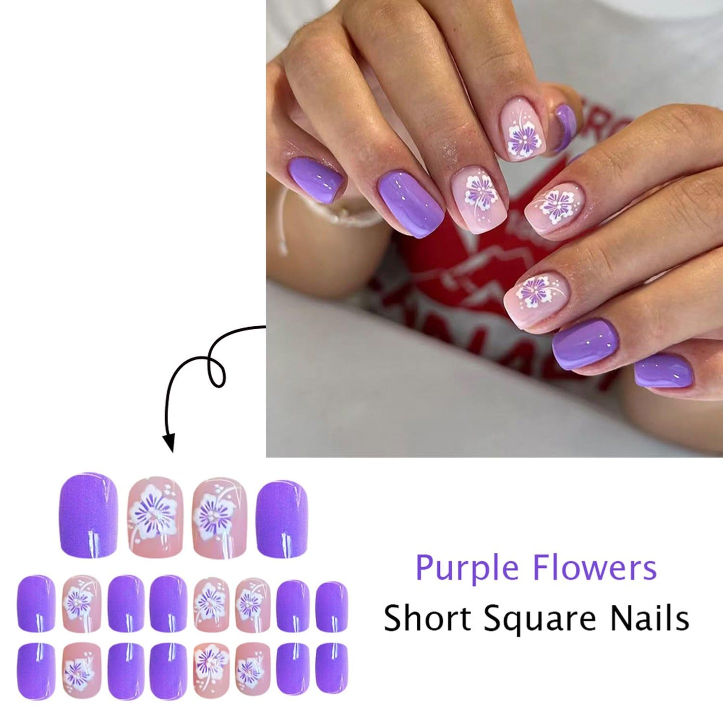 Square Press On Nails Short Fake Nails Leaf With Gradient Design Purple False Nails Spring Summer Acrylic Glue On Nail Full Cover Cute Press Ons Stick On Nail For Women Manicure Art 24pcs