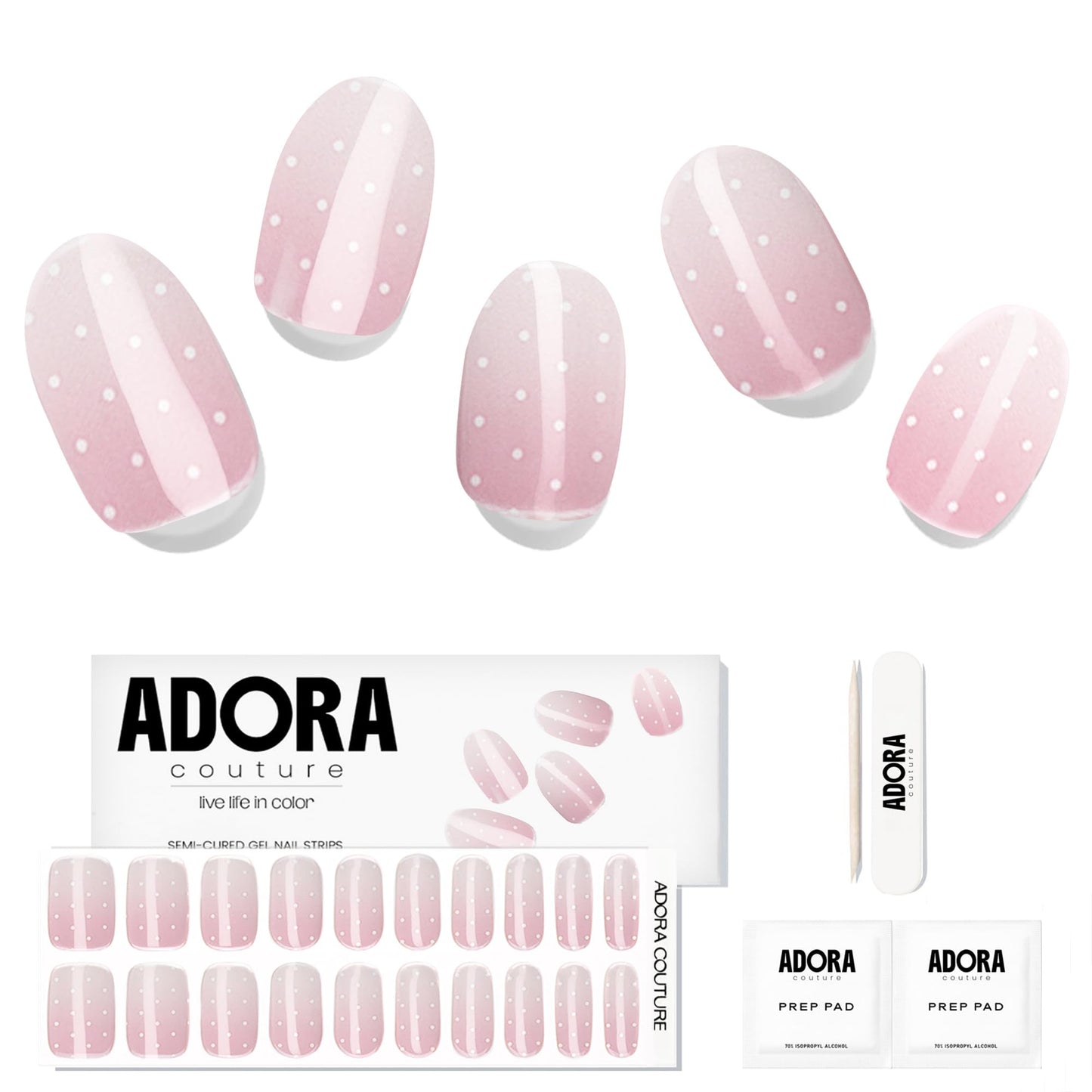 Adora Couture Semi-Cured Gel Nail Strips - 20 Salon-Quality Gel Sticker with UV Light Required, Long Lasting, Easy Application & Removal, Includes Prep Pad, Nail File, Wooden Stick – Powdered Sugar