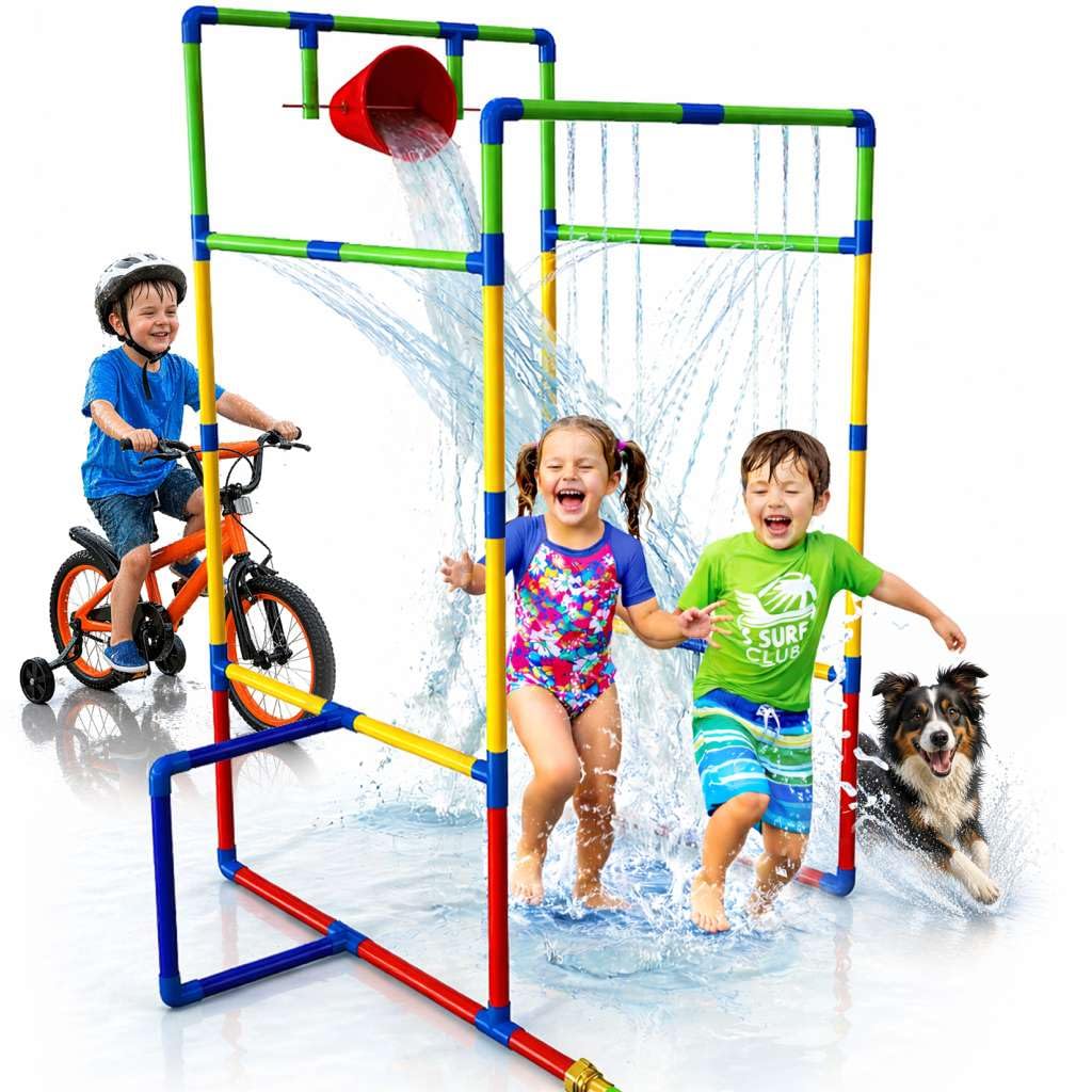 Kids Water Park Sprinkler Tunnel with Dunk Bucket | Outdoor Water Park for Backyard Summer Fun