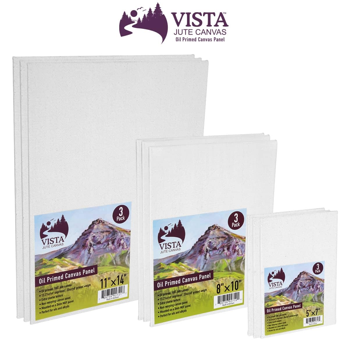 Vista Jute Oil-Primed Canvas Panels - 5"x7", 3 Pack - Blank Canvas for Traditional Oils, Eco Friendly, 100% Jute, Triple Primed, Extra Coarse Texture, Ideal for Dry Brush and Impasto Techniques