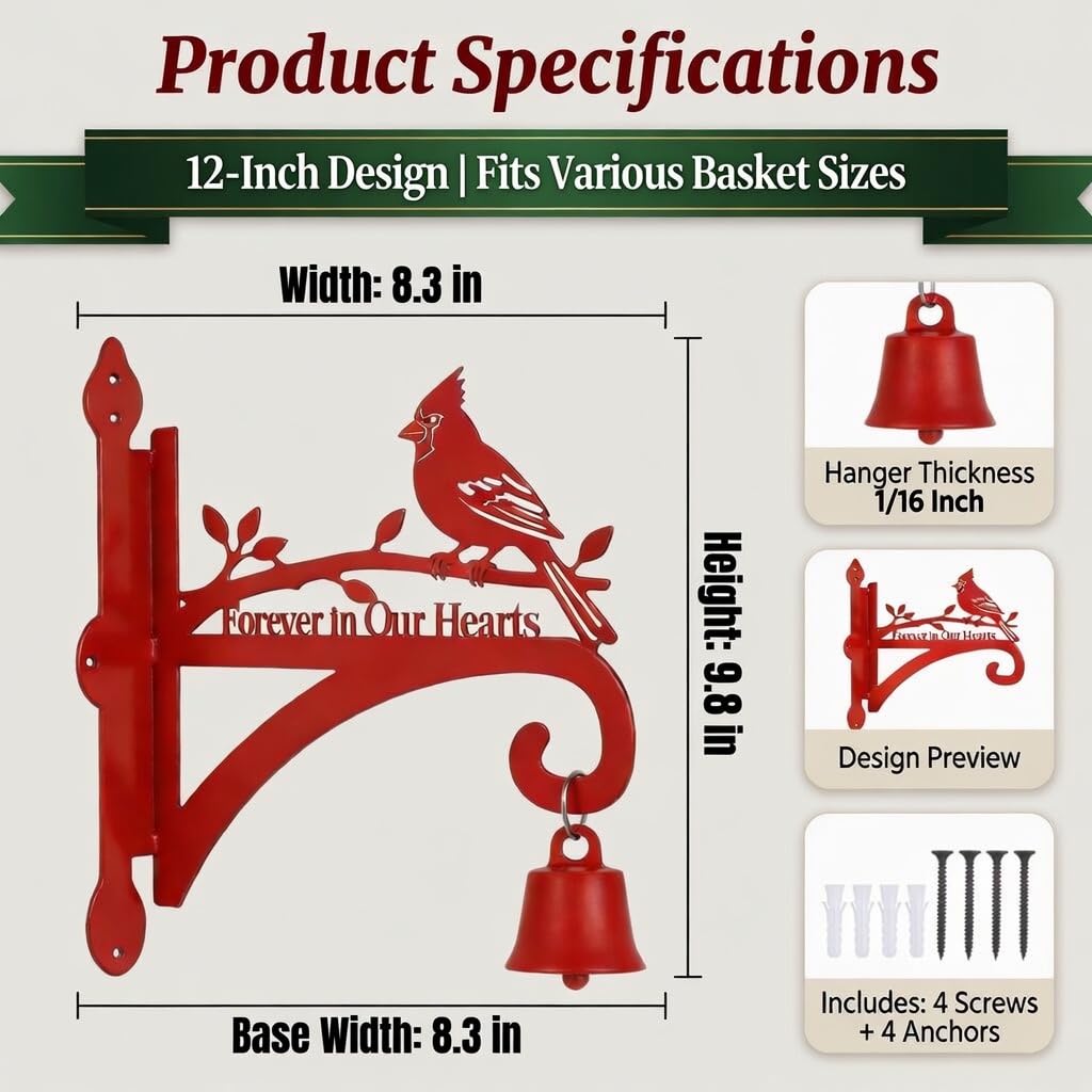 Ammzus Cardinal Memorial Plant Hanger Hook for Outdoor Indoor Hanging Plants, Lanterns, Bird Feeders, Wind Chimes - 8.3"x9.8" Rust-Resistant Metal Wall Bracket with Forever in Our Hearts Design