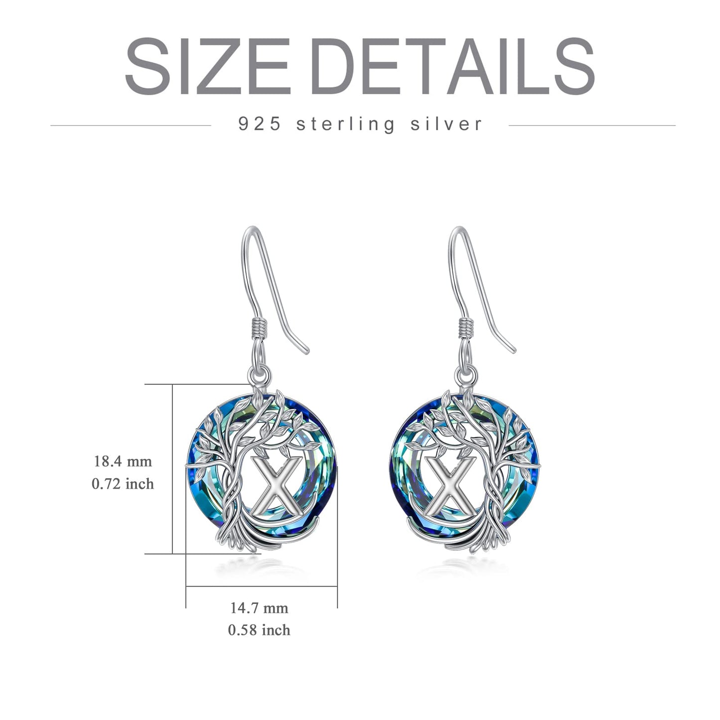 TOUPOP Tree of Life Initial Earrings Sterling Silver Initial X Letter Drop Dangle Earrings Blue Circle Crystal Family Tree Jewelry Birthday Mothers Day Gifts for Women Mom Her