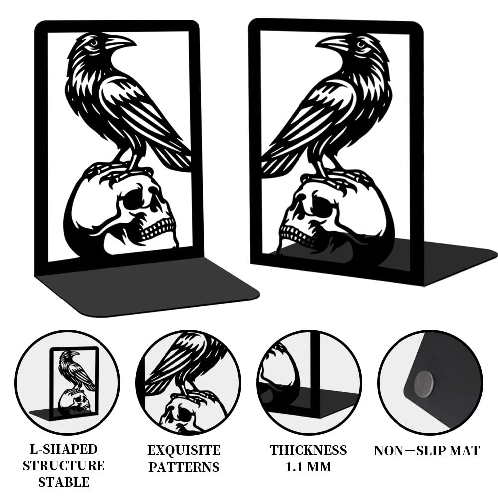 BEUNITONE Raven and Skull Decor Gothic Metal Bookends for Shelves, Office Desk Organizer Book Ends for Heavy Books, Home Office Desk Bookshelf Decor Gift for Gothic Lovers and Reading Enthusiasts