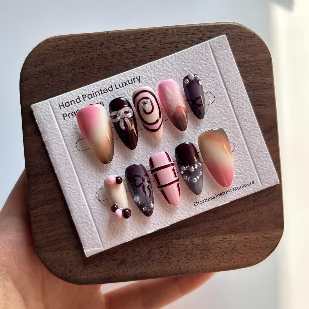 10Pcs Spring Summer Press on Nails Almond Shape False Nails with Bow Design Medium Length Fake Nails Handmade Nails Press On 3D Star Fake Nails Reusable Nails for Women (Size M)