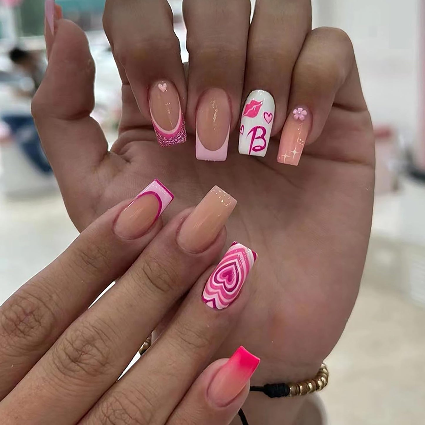 Press on Nails Medium Square Pink 24Pcs Glossy Full Cover Artificial French Fake Nails with Heart Lips Designs Reusable Coffin Acrylic False Nails Glue on Fingernails with Charm for Women