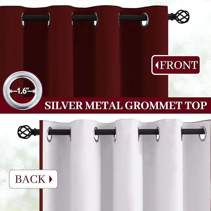 Yakamok Room Darkening 100% Blackout Curtains Grommet Window Treatments with 2 Thick Layers-Burgundy Red Thermal Insulated Drapes Set of 2 Panels for Bedroom Living Room 52 Inches by 84 Inches Length