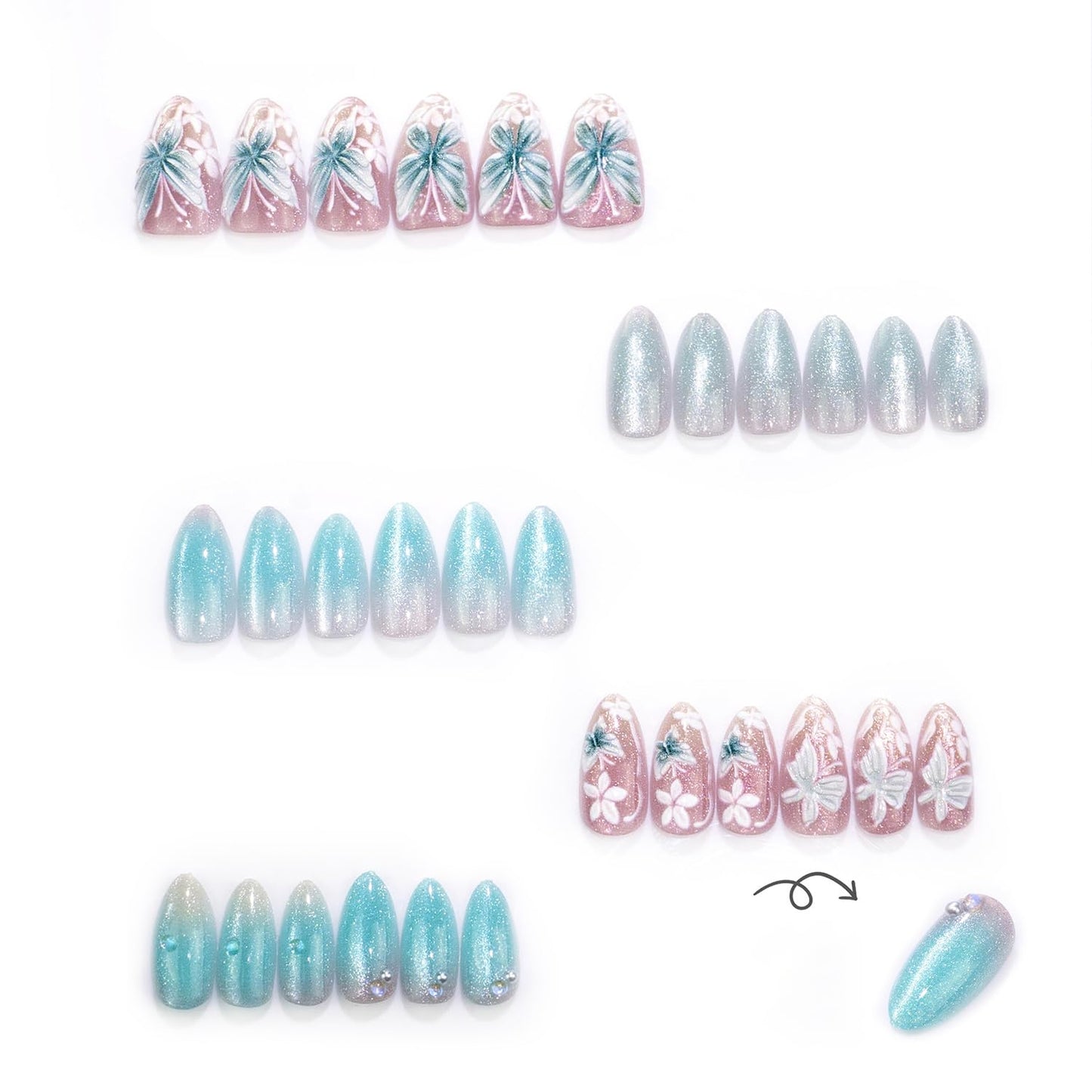 Glitter Press On Nails Medium Almond Fake Nails Press Ons With Butterfly Design Light Blue Acrylic Nails White Flower Pearl False Nails Glue On Nails For Women
