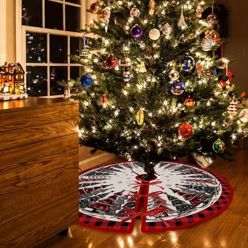 Christmas Tree Skirt 36 Inch Reversible Christmas Tree Mat Christmas Red and Black/Grey and White Buffalo Plaid Tree Skirt for Holiday Party Indoor Outdoor Christmas Winter Tree Mat Decoration