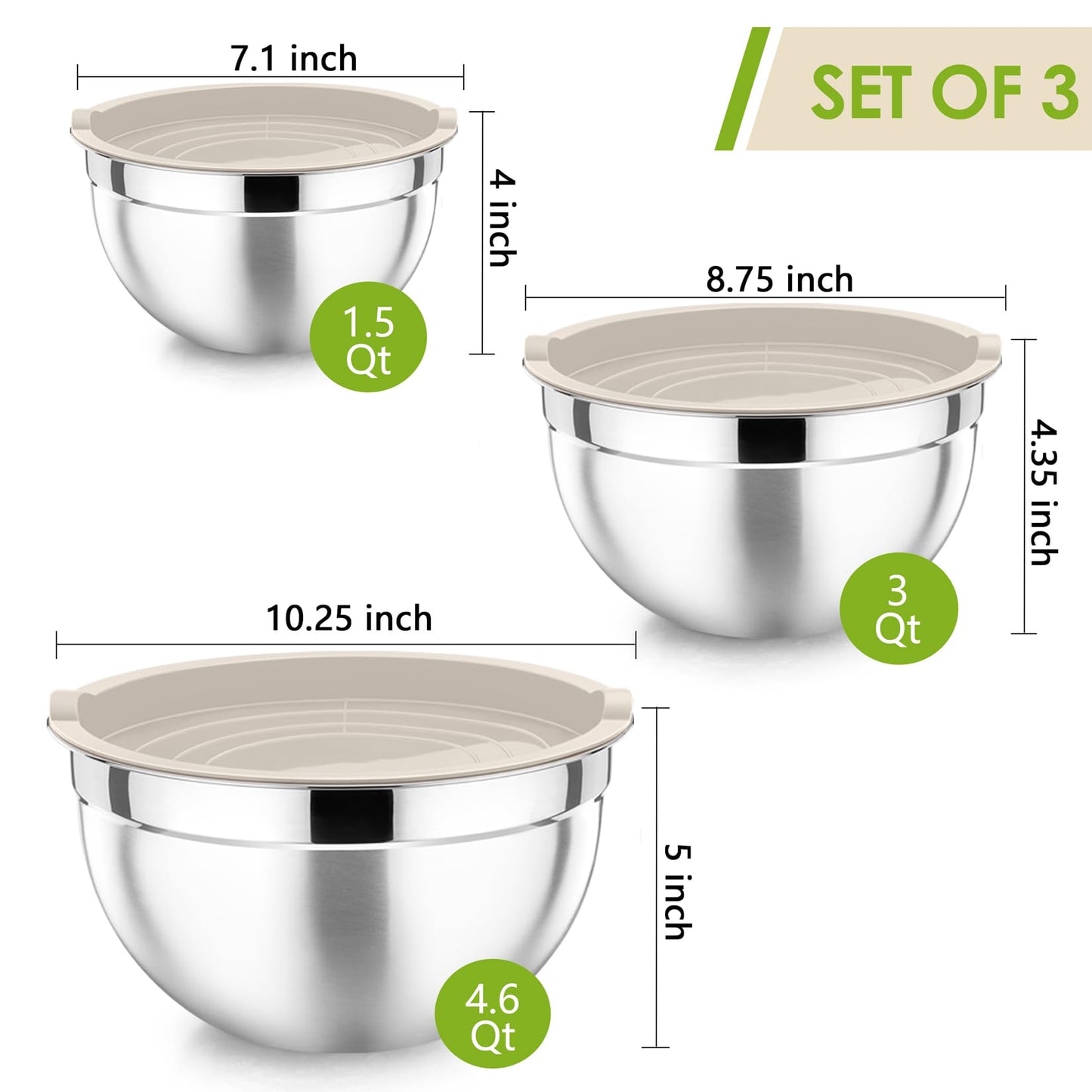 P&P CHEF Khaki Mixing Bowls with Lids, Set of 3, Stainless Steel Salad Nesting Bowl for Mixing, Storing, Prepping, Airtight & Stackable, Size 4.6/3 /1.5 QT