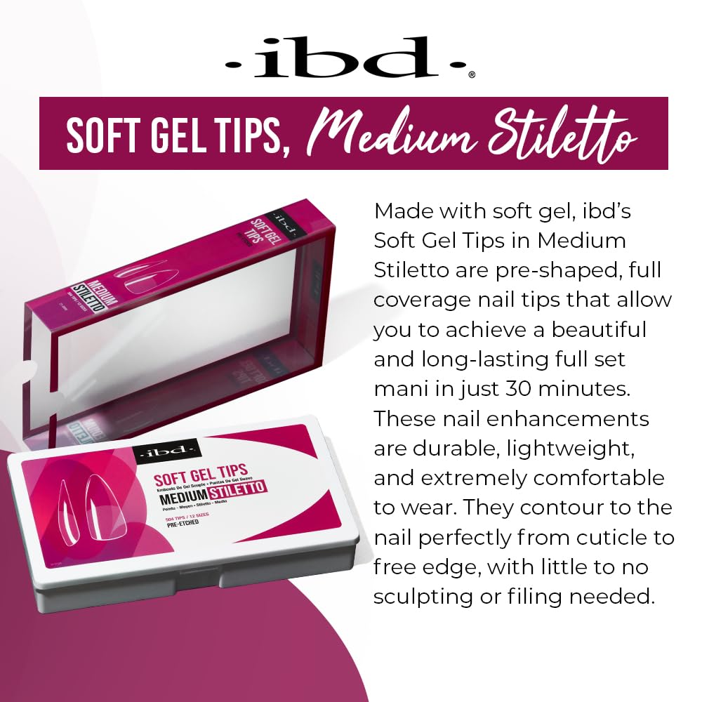 Ibd Clear Soft Gel Tips - Medium Stiletto, Full Coverage Nail Extensions, Press-On Nail Kit, 1-Pack