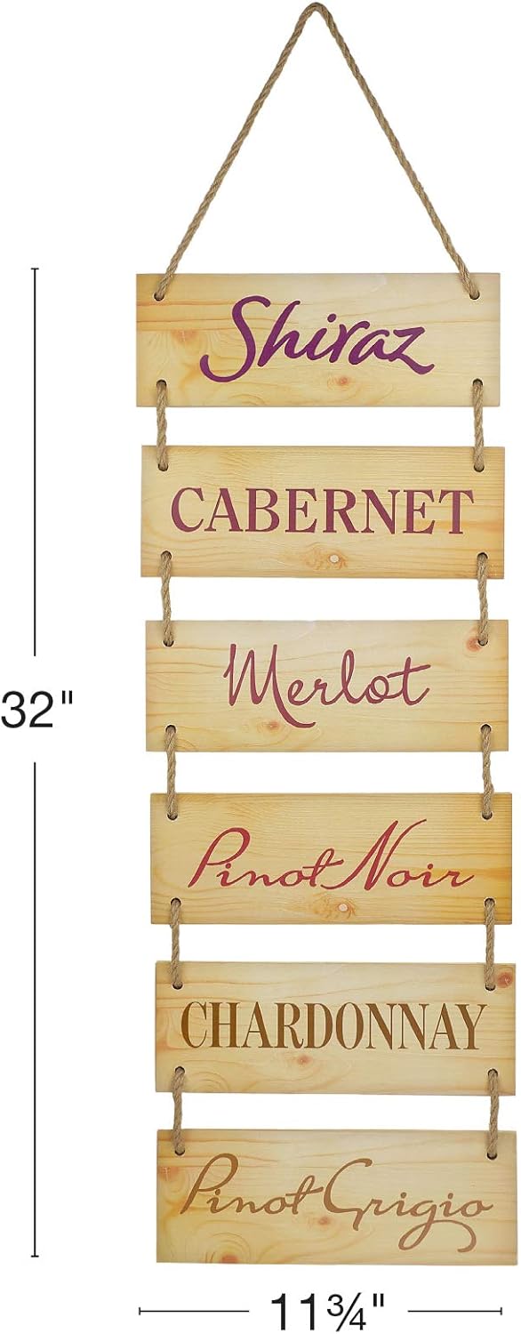 EXCELLO GLOBAL PRODUCTS Large Hanging Wall Sign: Rustic Wooden Decor (Shiraz, Cabernet, Merlot, Pinot Noir, Chardonnay, Pinot Grigio) Hanging Wood Wall Decoration (11.75" x 32")