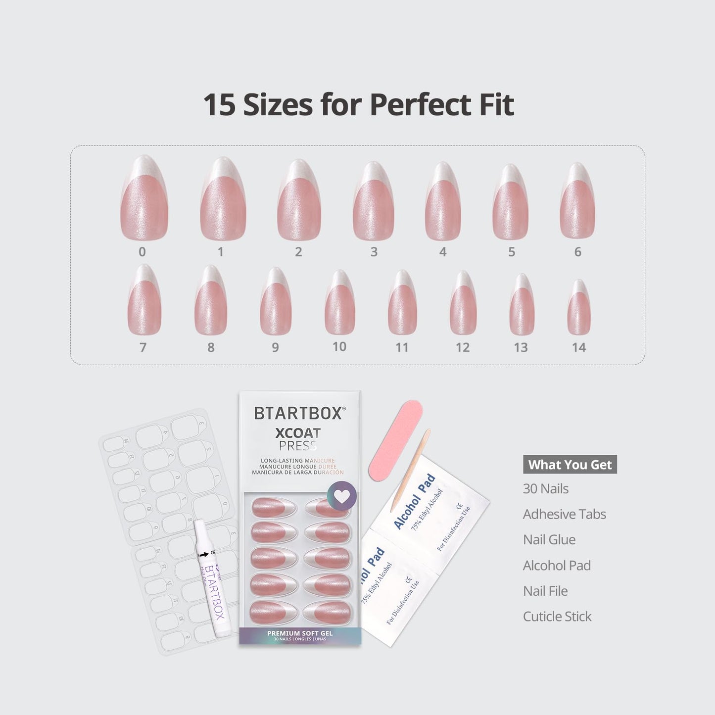 BTArtbox French Tip Press On Nails - Just Right, Lamp-Curable 4-Week Wear White Meidum Almond Press On Nails with Glue and Adhesive Tabs, Easy-to-Apply in 15 Sizes - 30 Nails All-in-One Kit