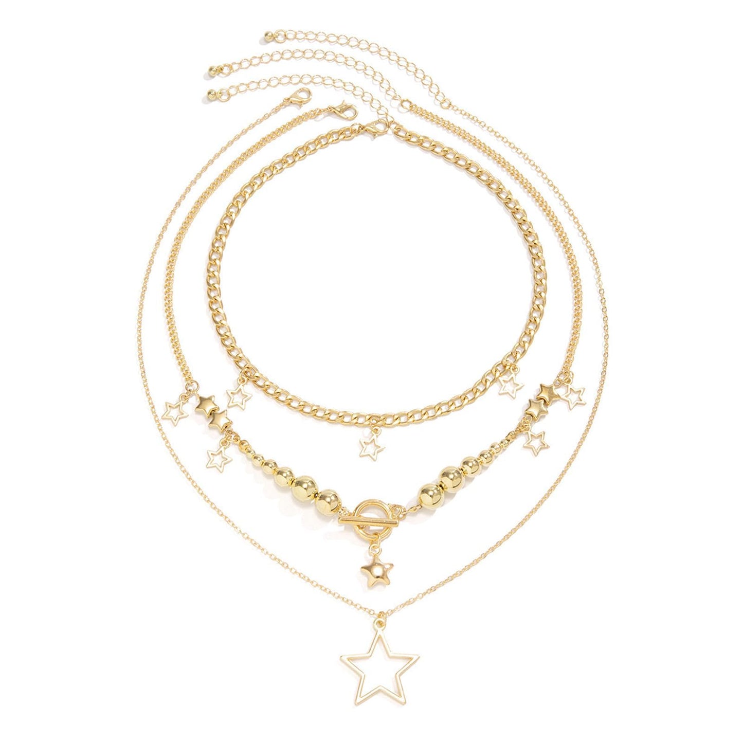 Layered Silver Y2k Star Pendant Necklaces Set for Women Stackable Stars Pearls Choker Necklace Adjustable Toggle Chain Necklaces Jewelry Accessories