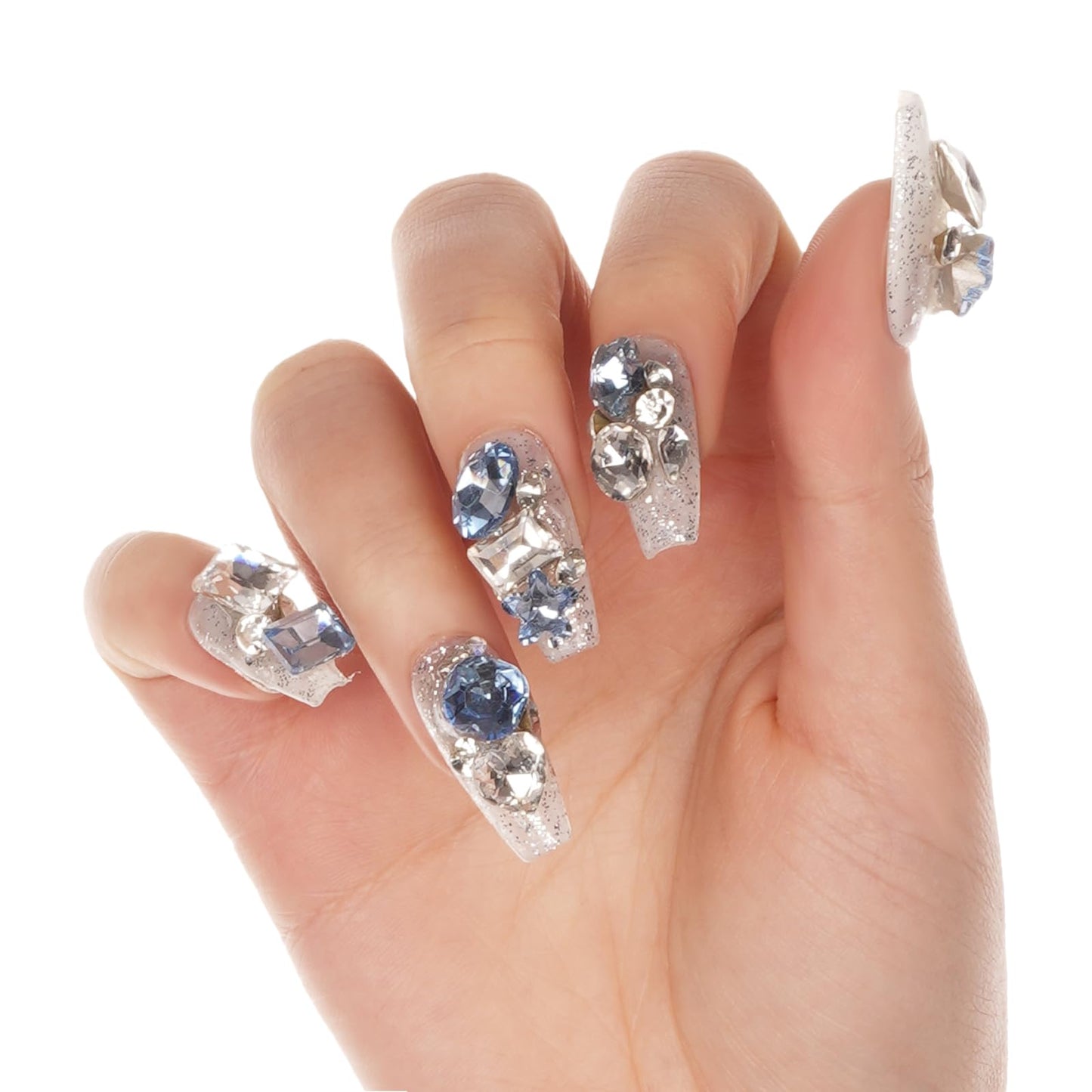 Coffin Shaped Luxury Press on Nails - Swan Lake | Coffin Artificial False Nails, Glossy Fake Nails with 3D Shinning Diamonds, Salon Quality Reusable Nails Kit