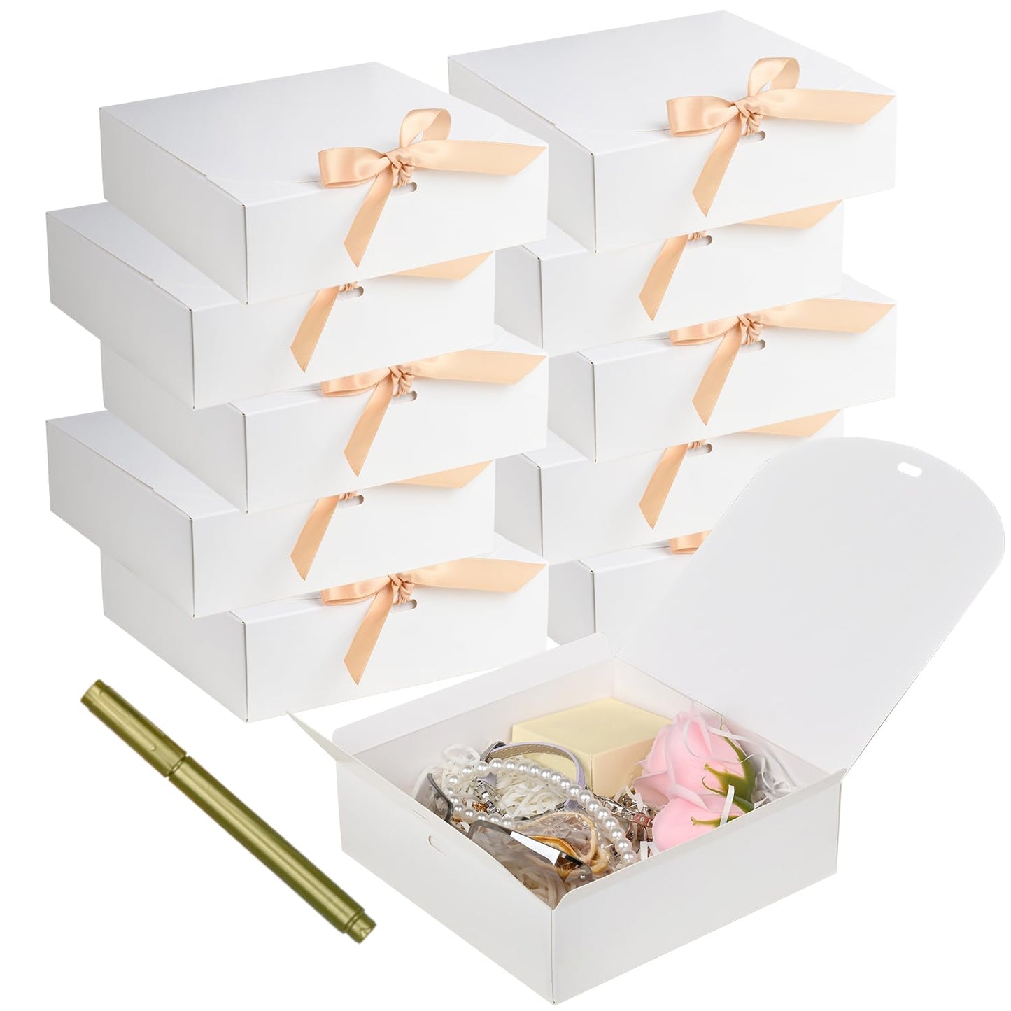 12Pack Small Gift Boxes,White Square Gift Box with Metal Pen for Candy, Chocolate, Wedding,Birthday, Baby Shower,6.5×6.5×2 Inch