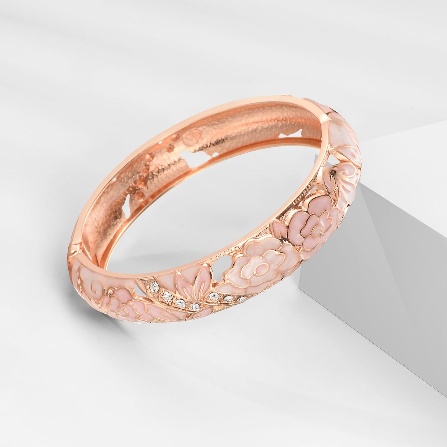UJOY Vintage Jewelry Cloisonne Handcrafted Enameled Flower Gorgeous Rhinestone Hinged Cuff Bracelet Bangles Gifts 88C06-55A106 Pink White