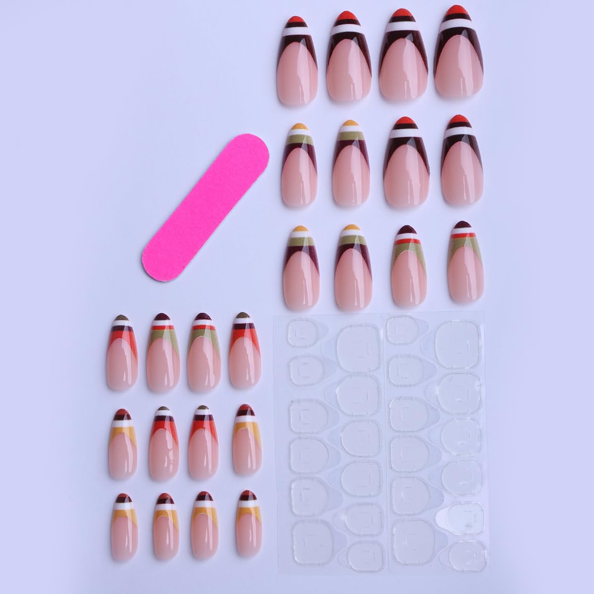 Striped Press on Nails Medium Almond Fake Nails French Tip Nails Press ons with Design,Full Cover Stick on Nails for Women Manicure,Reusable | Artificial | Easy Apply | 24Pcs
