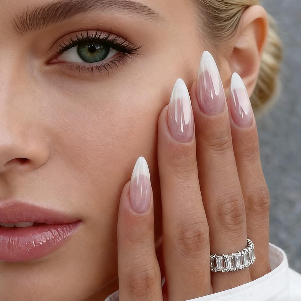 FJSMTOPl Press On Nails - Almond Fake Nails - French Tip False Nails Press ons - Medium Glue on Nails with Chrome Design - for Women Stick on Nail 24Pcs