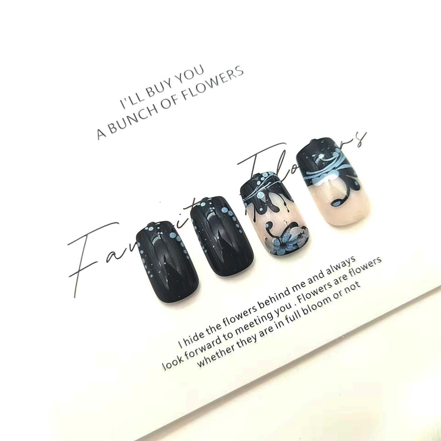 Square Medium Press on Nails French Tip Fake Nails with White Flower Dotted Lines Designs Glossy Glue on Nails Black Full Cover Nails Press ons Acrylic Artificial Stick on Nails for Women 24Pcs