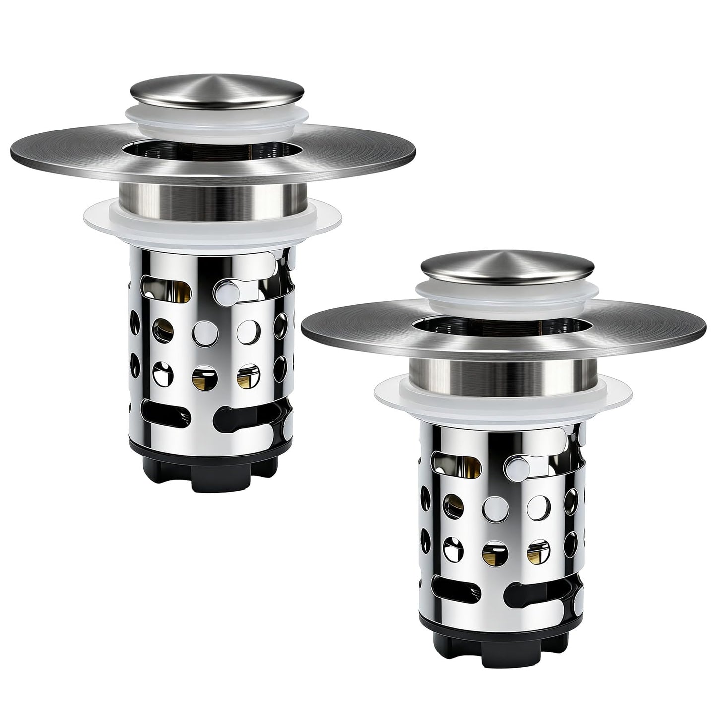 Upgraded 3 in 1 Bathroom Sink Drain Strainer, Universal Pop Up Stopper with Removable Stainless Steel Filter Basket Hair Catcher, Sink Plug for 1.1''~2.36'' Basin, Brushed Nickel Finish(2PC)