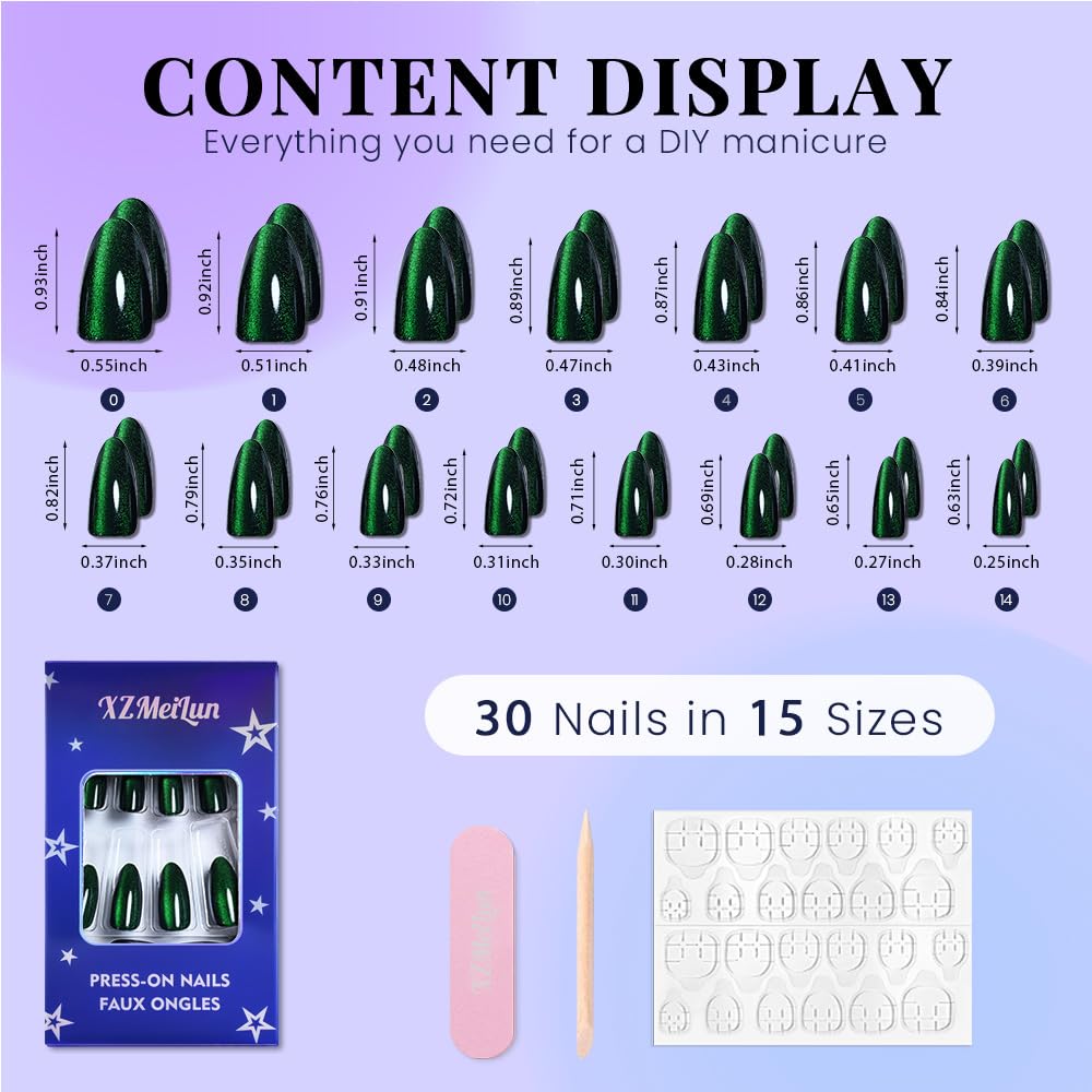 XZMeiLun Cat Eye Green Press On Nails Almond Medium Length, Magnetic Acrylic Fake Nails Stylish Design, Salon-Quality Shiny Finish, Reusable Stick On Nails Kit for Women, Daily Wear (No Glue Included)