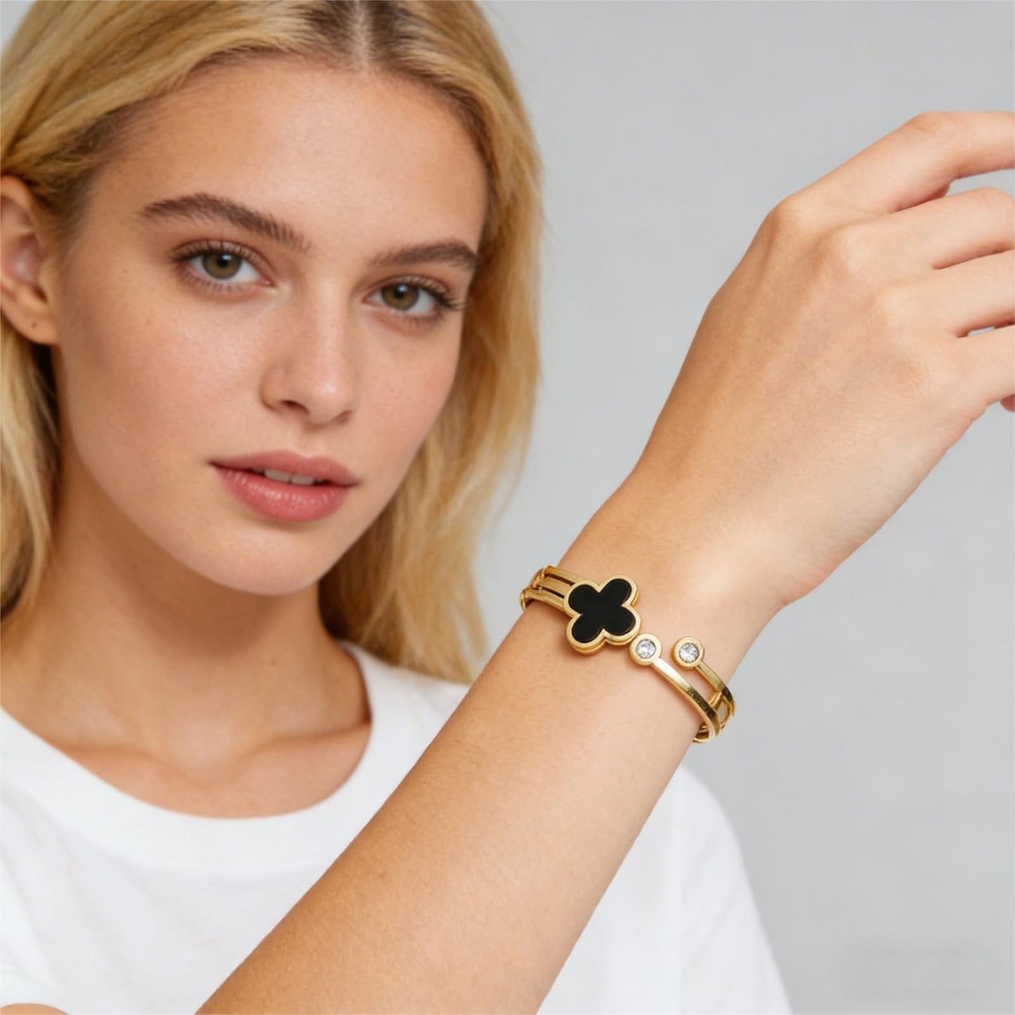 Vbvbip 18K Gold Plated 316L Stainless Steel Bangle Bracelet Collection - 12 Unique Designs + Matching Diamond-Accent Titanium Steel Chain, Gift for Women