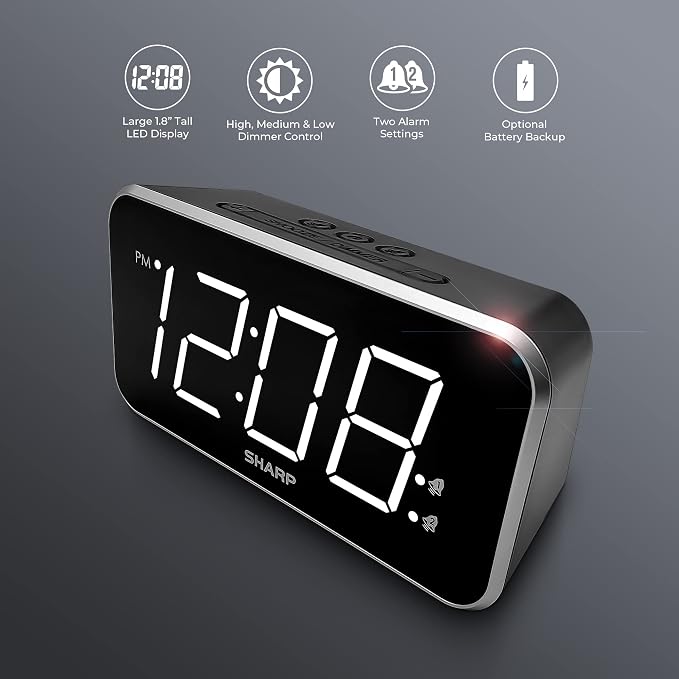 Sharp Digital Alarm Clock, 1.8" Jumbo White LED Display, Dual Alarm, Black