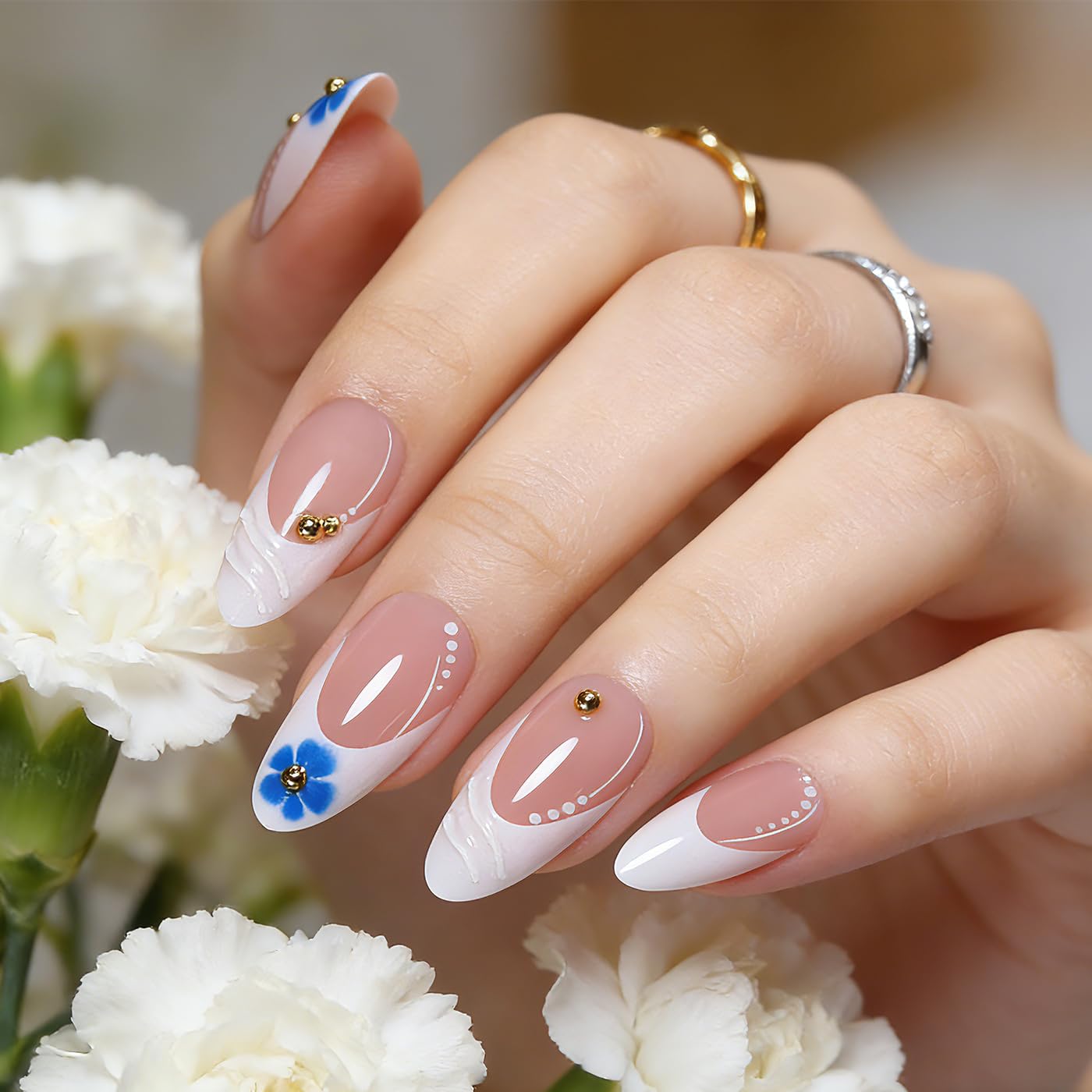 Goolich White French Tip Press On Nails Medium Almond, Sheer Pink with Bead Nails Press ons Set with Adhesive Tabs, 24 Pcs 12 Size Reusable Full Cover Glue on Nails for Women