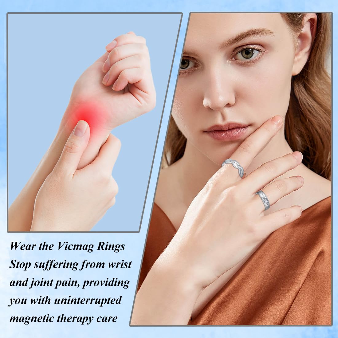 Vicmag Copper Magnetic Ring for Women, Magnetic Rings Ladies Fingers Thumb 100% Solid Pure Copper Jewelry Gift Adjustable (Leave+Folwer Silver)