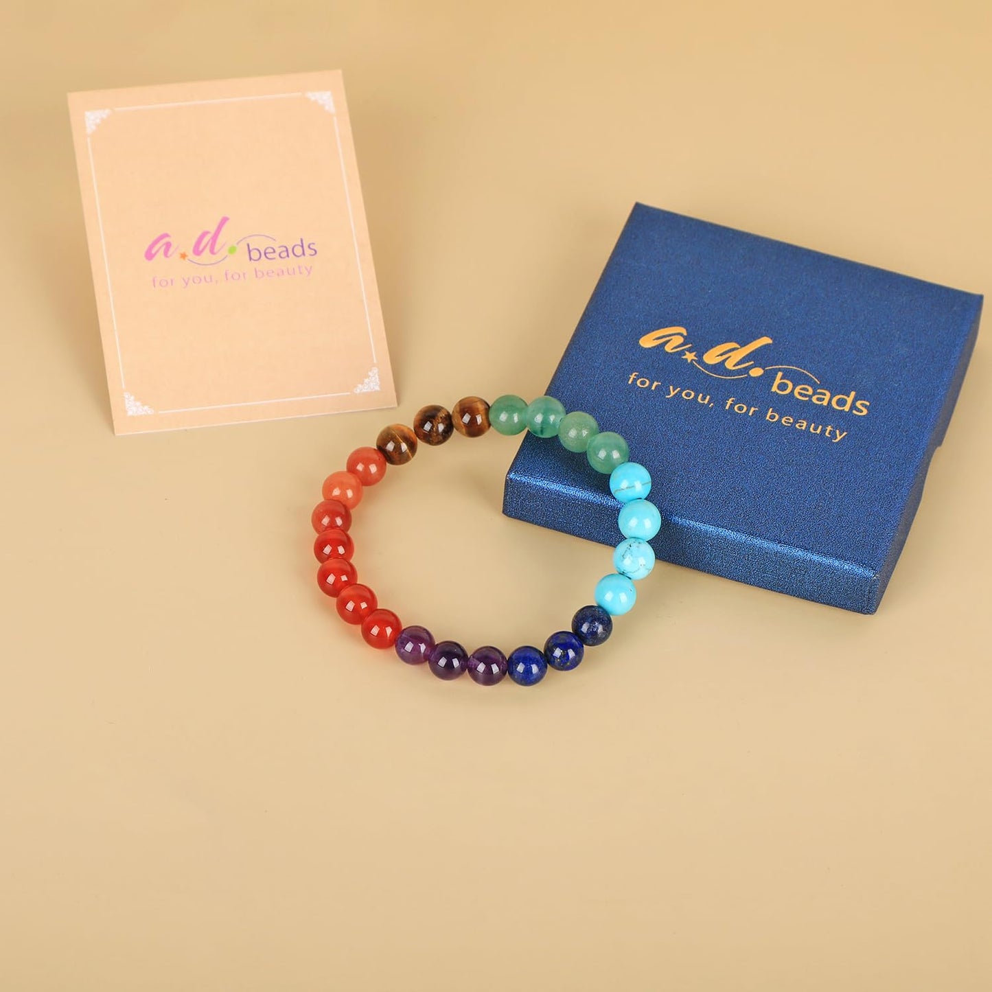 AD Beads Handmade Gemstone Stretch Elastic Bracelet Crystal Healing Reiki Nature's Beauty and Spiritual Essence Unisex (10mm, Seven Chakra Stones (Energy Balancing))