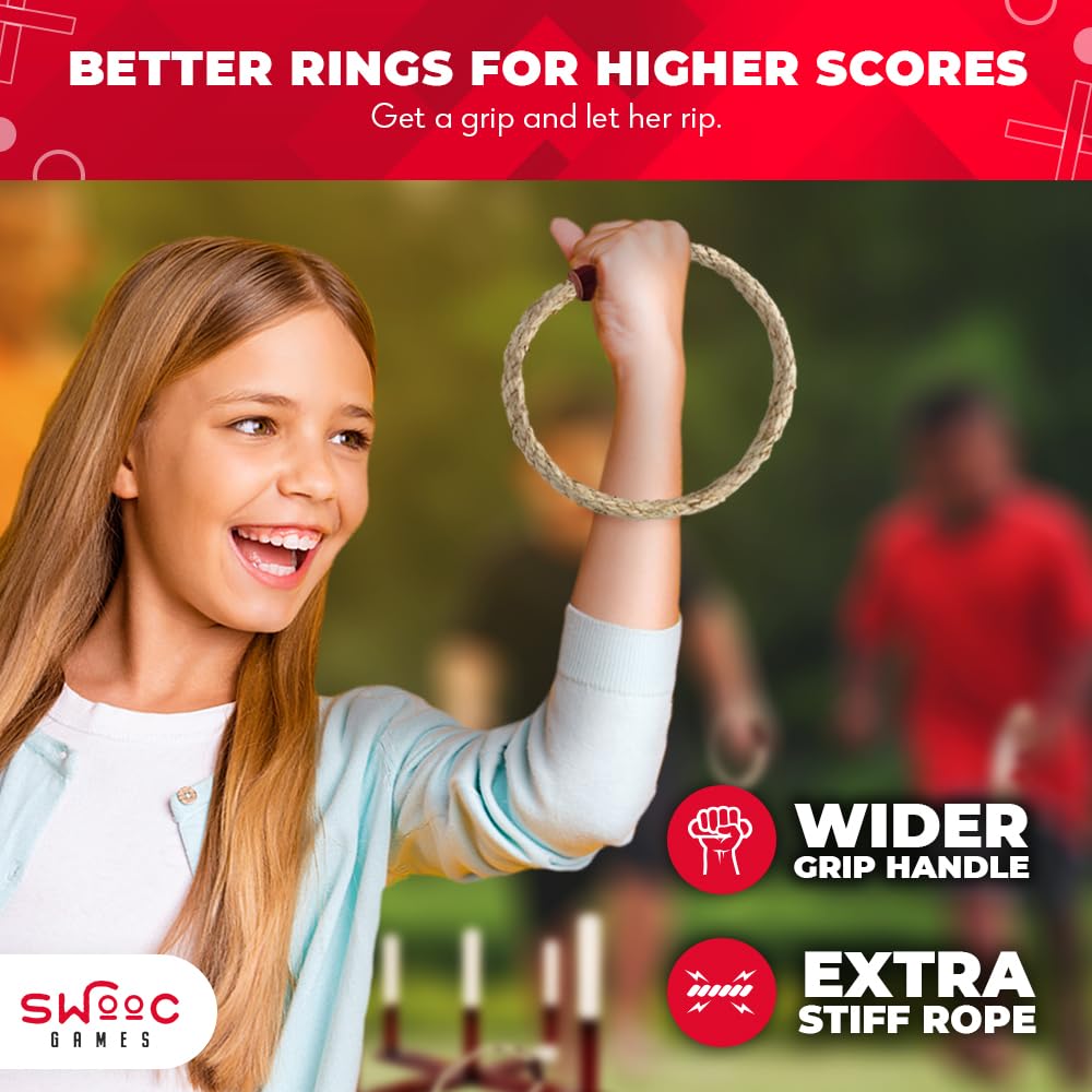 Swooc Games - Premium Rustic Ring Toss Game (All Weather) - Easy Setup & Extra Games Included - Outdoor Ring Toss Game for Adults and Kids - Yard Activity For Adults - Oversized Lawn Activity Rope Set