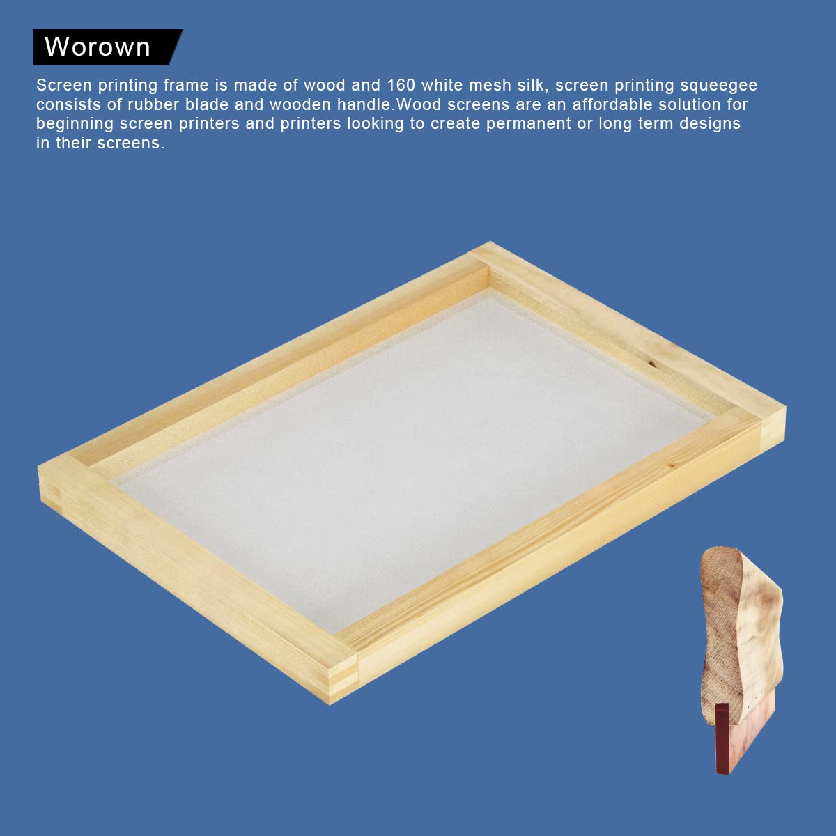 Worown 1 Piece 8 x 10 Inch Wood Silk Screen Printing Frame with 110 White Mesh and 1 Piece 4 x 6 Inch Screen Printing Squeegee for Screen Printing