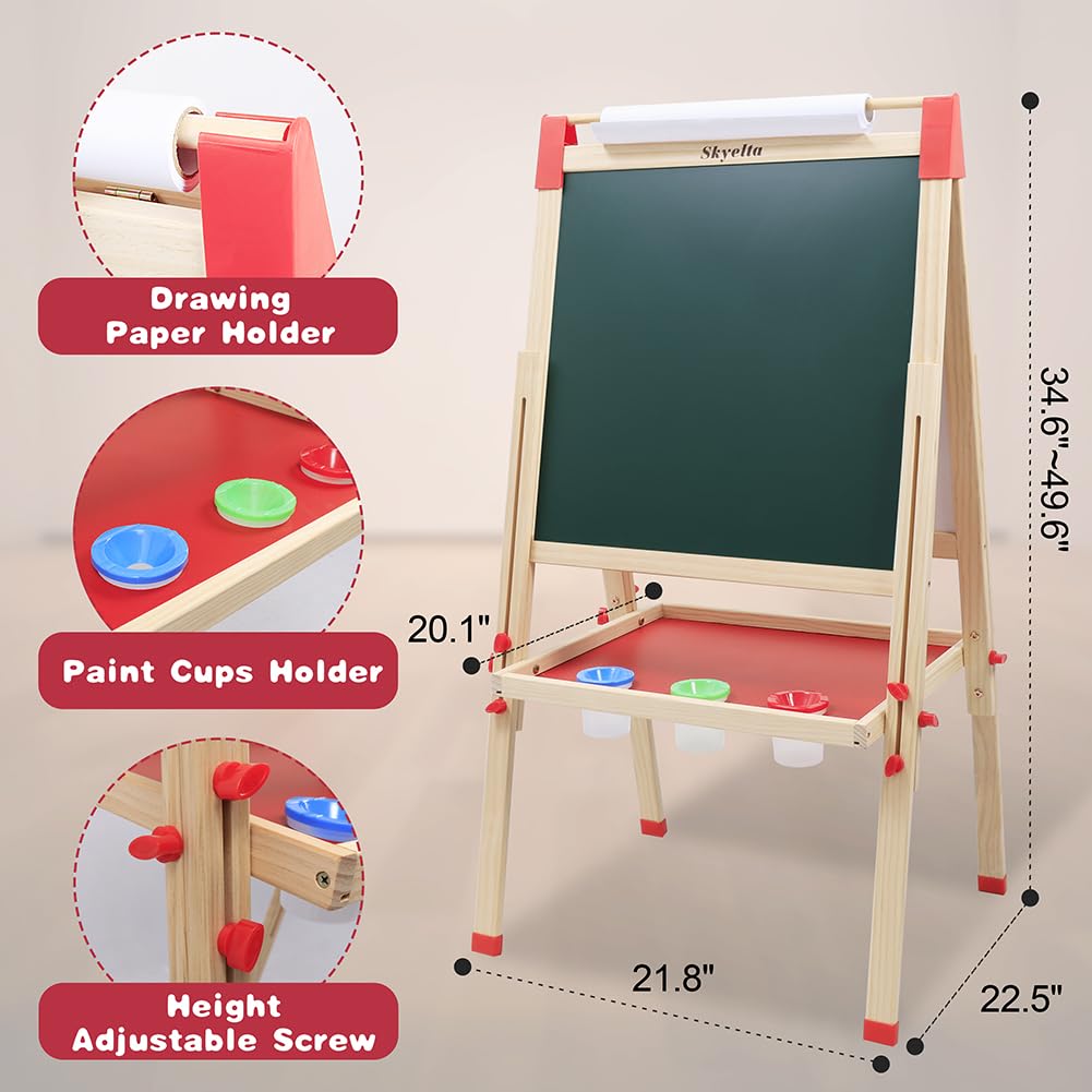 Skyelta Art Easel for Kid,Double-Sided Kids Art Easel with Magnetic Chalkboard & Whiteboard,Adjustable Height for Ages 4-12,Wooden Drawing Board with 100+ Accessories,Art Supplies & Gift