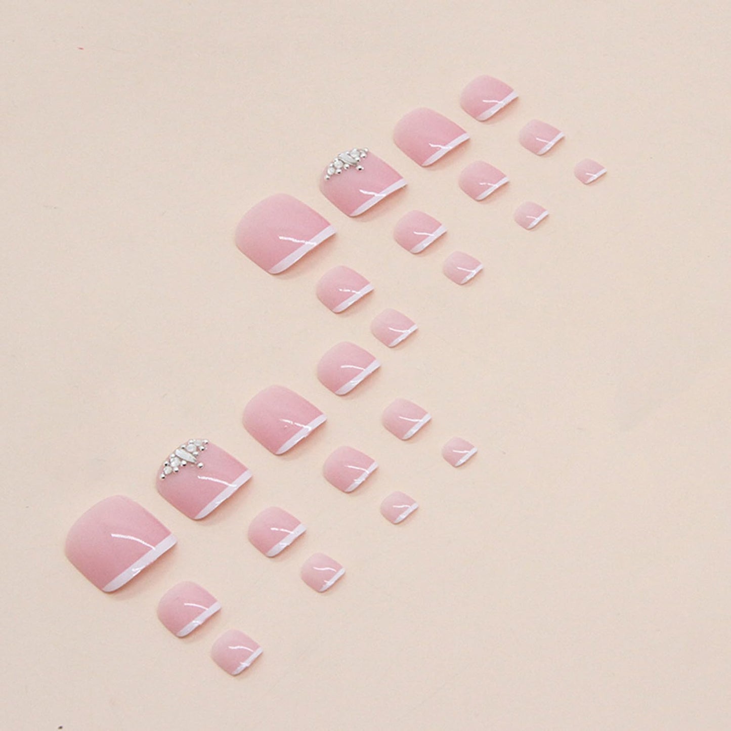 French Tips Press on Toenails Pink Square Toe Nails Tips Rhinestone Design White Nude Glossy Toe Nails Fake Nails Summer False Toe Static Nails Artidicial Acrylic Nails for Women 24Pcs