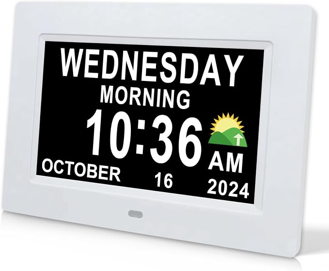 SSINI Digital Calendar Dementia Alarm Clock with Day and Date for Elderly - 15 Alarms 5 Colors Display Digital Clock Large Display Alzheimers Large Digital Clock for Seniors (7in White)