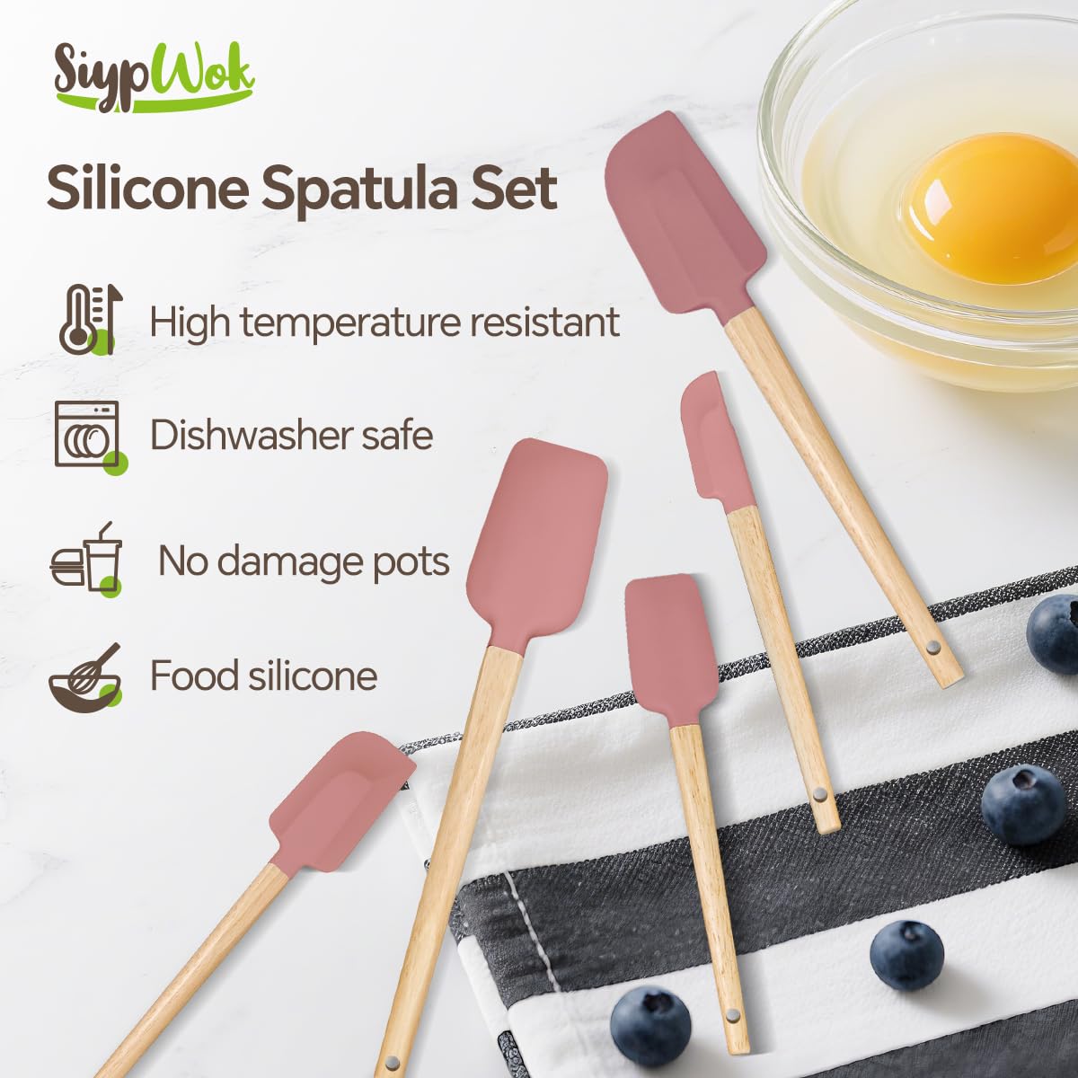 Silicone Spatula Set, Food Grade Rubber Spatula-5 Piece Nonstick Rubber Spatulas, Spoonula, Jar Scraper for Cooking, Baking, Mixing, Frosting - Heat Resistant Up to 600°F (5 Pcs Pink)
