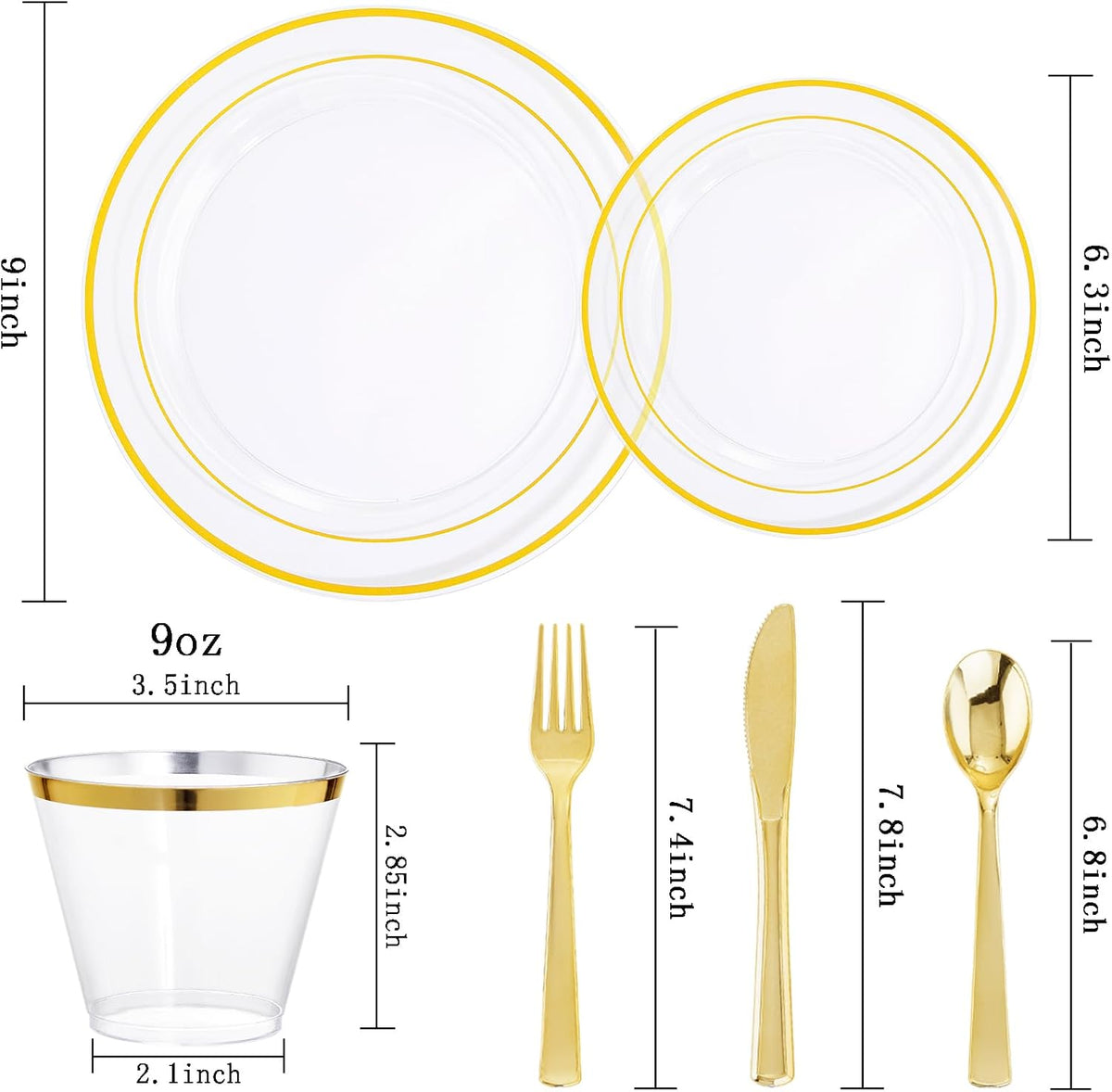 WELLIFE 300Pcs Clear Gold Dinnerware, Clear and Gold Plates Heavy Duty, Including 50 Dinner and 50 Dessert Plates, 50 Cups, 50 Silverware