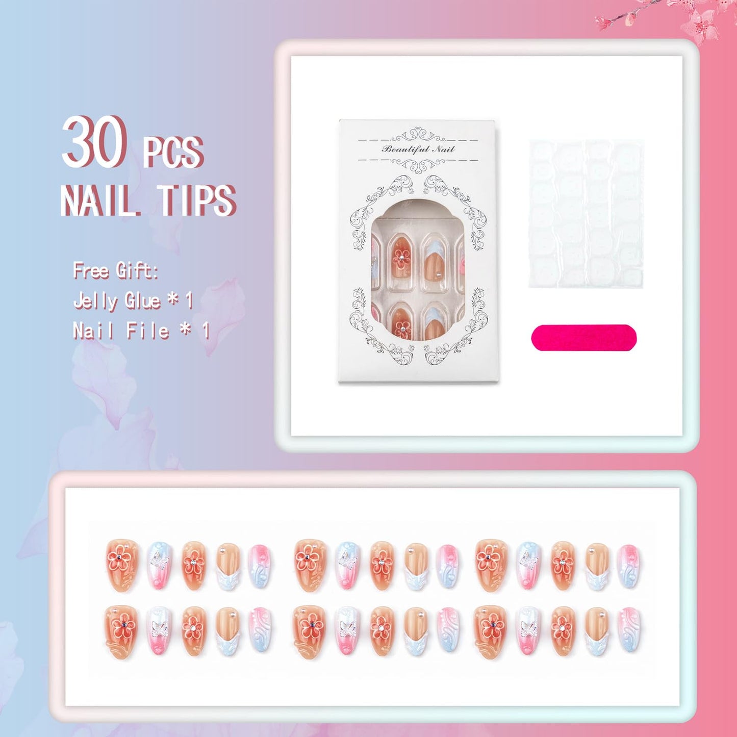 30Pcs Summer Press on Nails Medium Almond Fake Nails 3D Butterfly Flower Design Colorful French Tip False Nails Rhinestone Acrylic Nails Water Ripples Pink Gradient Flowers Stick on Nails for Women