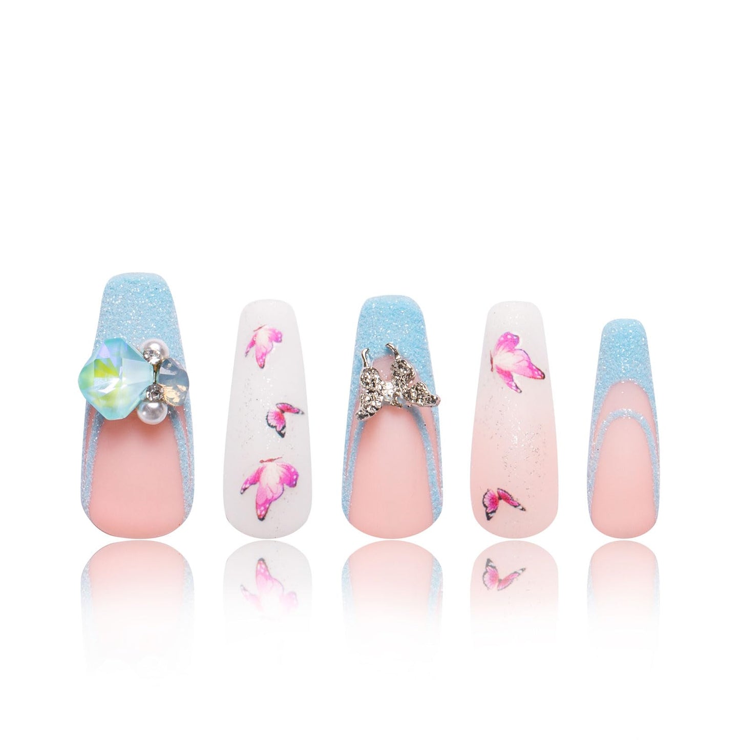 LOVFUL Press on Nails Sky Dance French Tip | Handmade with Full Covered Crystals | Reusable Full Cover Nails | Coffin Classic Regular 1.3 in | H282-S