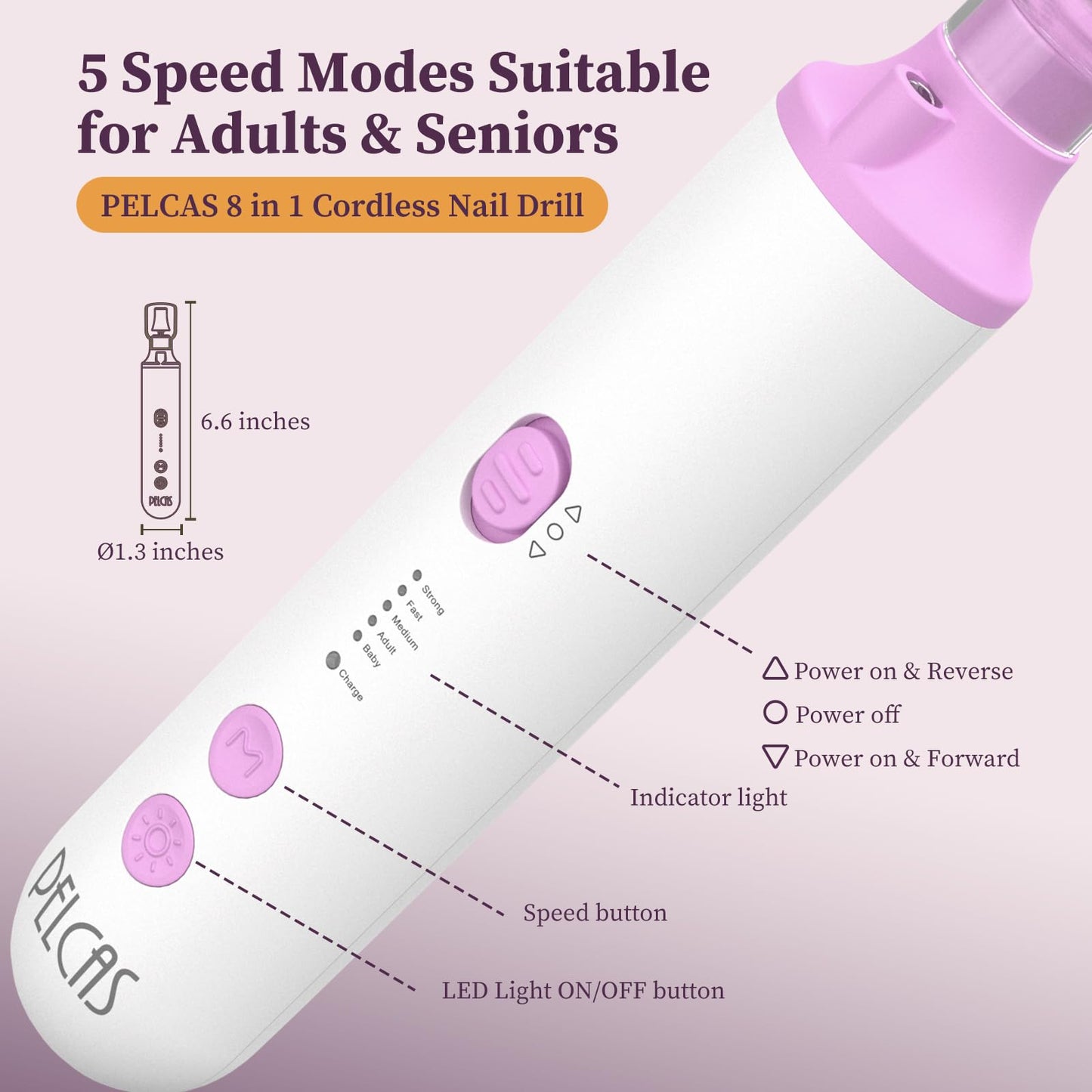 PELCAS Toenail Grinder for Thick Toenails 8 in 1 Manicure & Pedicure Kit, 5 Speeds Cordless Nail Drill with LED Light Electric Foot Callus Remover for Foot Callus, Thick Nails, Finger Nails Pink